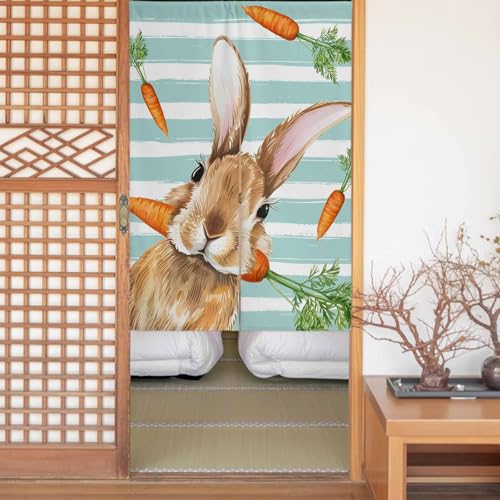 Sauoromeon のれん カーテン 幅85x丈90cm 厚手 遮光 暖簾 ドアカーテン 仕切り 目隠し 通気性 和風 おしゃれ フラット リング対応 ひも付き 春 ブラウン うさぎ にんじん 水色のしま模様 勝手口 玄関 キッチン リビング 春夏秋冬