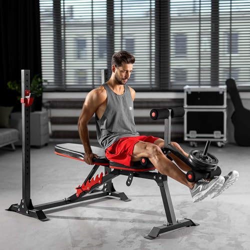 Foto von Hop-Sport Verstellbare Hantelbank mit Curlpult, Beinstrecker und Langhantel-Ablage, Multifunktional Trainingsbank, Kraftstation für Zuhause, 240 kg Max. Belastbarkeit