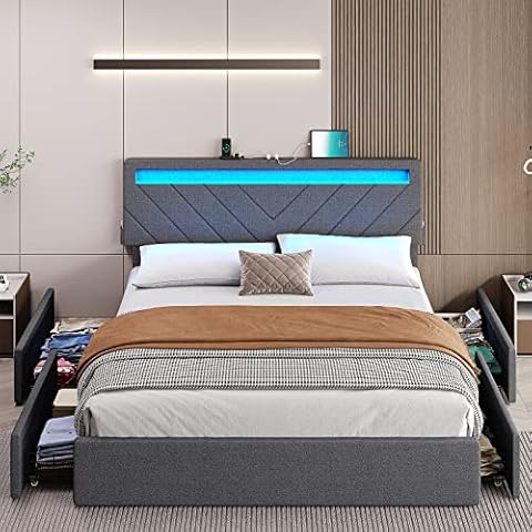 Tiptiper Full Size Bed Frame with LED Lights, Full Bed Frame with 2 USB Charging Station, Platform Bed Frame with Storage Drawers, No Box Spring Needed, Easy Assembly, Dark Grey Cover