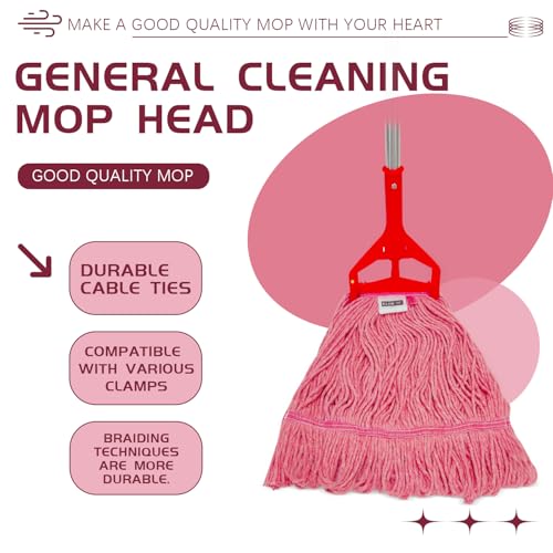 Image of Commercial Cotton Mop Heavy-Duty Industrial with 2 Replacement Heads 152 cm Handle Replacement mop Head (Pink)