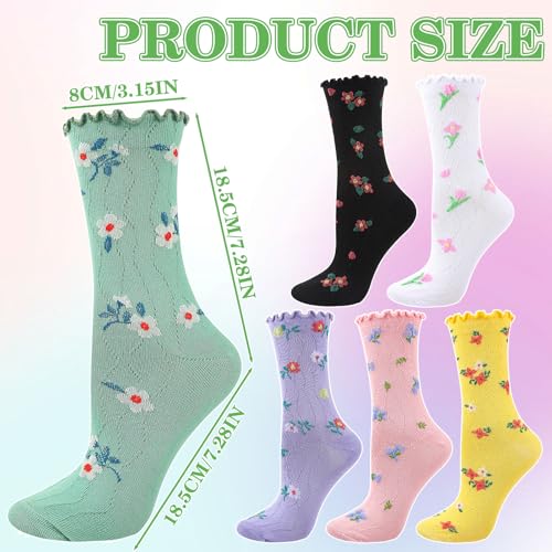 Image of 6 Pairs Women Ruffle Frilly Socks, Cute Floral Ankle Socks for Women Cotton Knit Casual Crew Sock Size 5-9