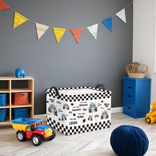 Image of Rectangular Kids Storage Basket Baby Storage Basket with Handles for Home Kitchen Boys and Girls Cute Toy Storage Bin Organizer Shelf Book Room Decor(Flag Truck)