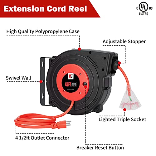 Ep Retractable Extension Cord Reel, 45 Ft Heavy Duty Power Cord, 12 Awg/3C Sjtow, 15 Amp Circuit Breaker, Lighted Triple Tap, Ceiling Or Wall Mount, Ul Listed #TOP5