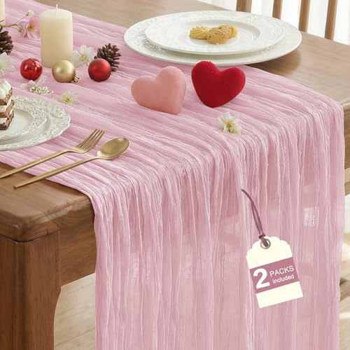 IVAPUPU 2 Pcs Cheesecloth Table Runner - 10ft Pink Boho Gauze Cheese Cloth Table Runners for Baby Shower Decoration Wedding Party Summer Garden Decor Valentines Day Decorations