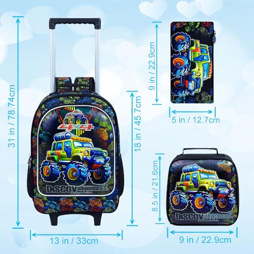 gxtvo Rolling Backpack for Boys, Roller Wheeled Bookbag - Wheeled Elementary School Bag - 3PCS Car4