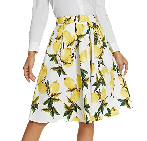 Image of Tandisk Women's Vintage A-line Printed Pleated Flared Midi Skirt with Pockets
