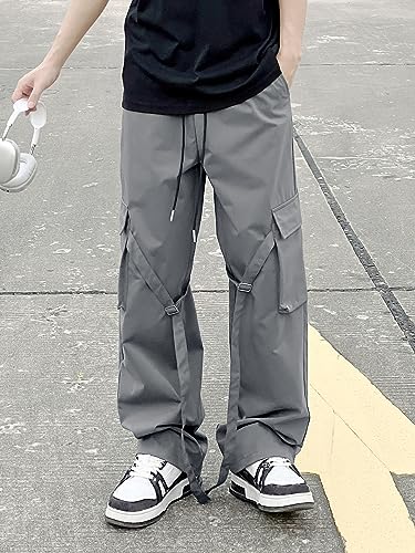 OYOANGLE Men's Camo Print Drawstring Waist Straight Wide Leg Flap Pocket Cargo Pants Trousers4