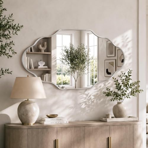 Image of Scalloped Silver Bathroom Mirror, Irregular Wall Decorative Mirror | Brushed Metal Frame, HD Glass Decorative Mirror for Wall Decor, Vanity Mirror for Living Room Entryway (26 inch x 46 inch, 2 Pack)