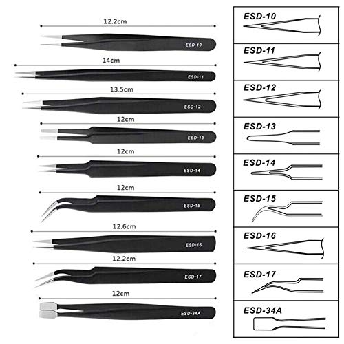 Image of Corslet 10 Pcs Precision ESD Tweezer Set Anti-Static Stainless Steel Tweezer kit for Craft, Jewelry, Electronics, Soldering, Repair Work with Storage Bag