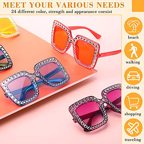 Chuangdi 24 Pcs Women Disco Sunglasses 70s Rhinestone Crystal Sunglasses Bulk Large Square Sparkling Glasses Thick Frame4