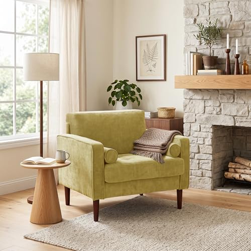 Image of Accent Chairs Stet of 2, Chenille Upholstered Armchairs for Living Room, Comfy Single Sofa Bedroom Reading Seat with 2 Bolster Pillows, Yellow