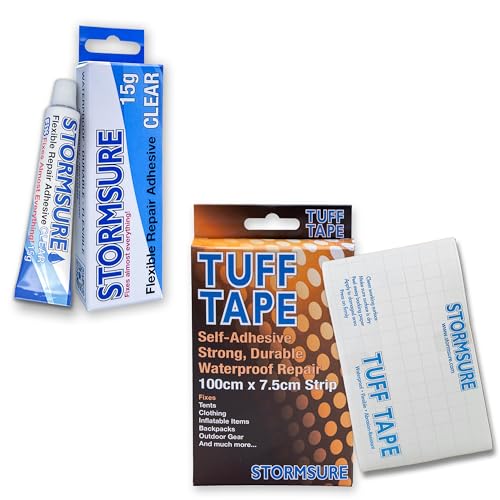 Stormsure Flexible Repair Adhesive (15g) - Clear + TUFF Tape Repair Tape (1m) - Waterproof and Durable Repair Bundle