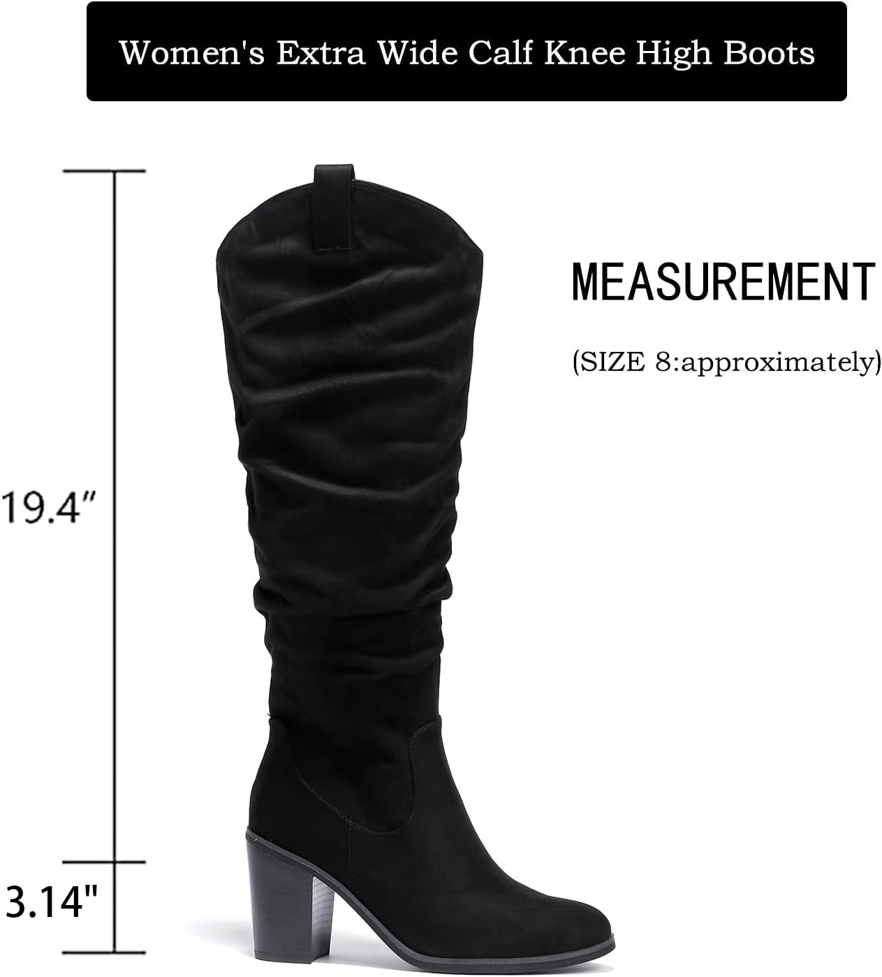 Luoika Women's Extra Wide Calf Cowboy Knee High Boots, Wide Width Cowgirl Slouchy Boots Chunky Pump Heel Plus Size Western Boots.