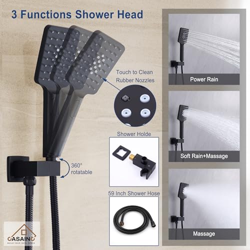 CASAINC Sistema de Ducha 12 Pulgadas Alta Presión, Negro Mate, Montaje de Pared, Cabezal de Ducha Cuadrado con Spray de Mano, Combo Completo con Válvula Antiescaldado miniatura 4