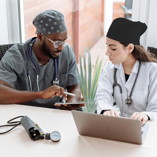 Image of Adjustable Scrub Cap with Button, Satin-Lined Cotton Scrub Hat Sweatband, Elastic Working Hat Unisex, One Size