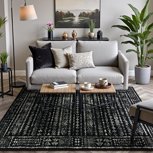 Tapete Boho negro y blanco 5x7 lavable para sala miniatura 4