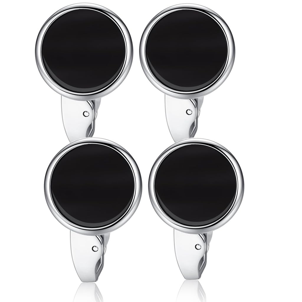 AUFUYAOLIN White Shell Beads/Agate Black Onyx Round Cufflinks for Men - Rectangle Brushed Stainless Steel for Wedding Business