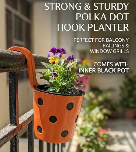 Image of Premium Hook Planter with Inner Pot | Polka Dot Hanging Planter for Balcony & Railings | Sturdy Plastic | Built-in Drainage | Vibrant Colours | Indoor & Outdoor Gardening (3, Orange)