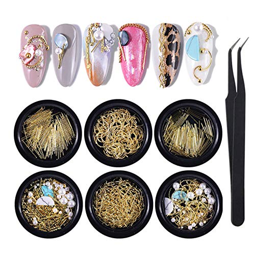 Gold Moon Star Nail Charms Rivet 6 Boxes Nail Studs and Rhinestones 3D Nail Art Sequins Metal Nail Glitter for Nail Art Nail Jewelry Gems Paillette Confetti Nail Decoration Kits with Tweezers