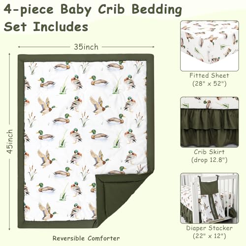 Image of Mallard Duck Baby Crib Bedding Set for Boys, 4 Piece Green Baby Bedding Include Crib Skirt, Comforter, Fitted Sheet, Diaper Stacker