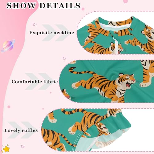 Tiger Pattern Girls Long Sleeve Swimsuit Rash Guard One Piece Bathing Suits Zipper 3-12T4