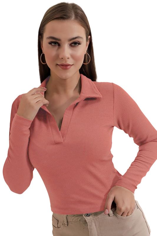 Image of Dream Beauty Fashion Women's Collared Neck Long Sleeve Slim Fit Casual Tee Top, 23 inch inches (Apple-01-P)