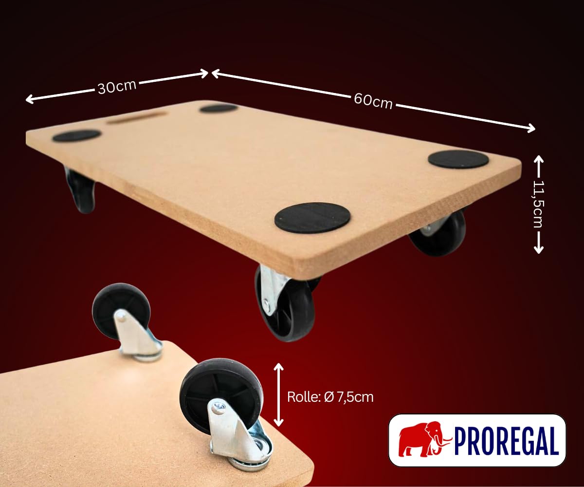 PROREGAL Profi Transportroller Hercules 30x60 cm Schwerlast bis 200 kg mit 4 Gummirollen & Griff, MDF Holzplatte, 10er Set Rollbrett für Möbel Möbelroller Transporthilfe für Umzug Pflanzen Werkstatt