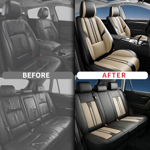 Image of Fit Sierra Car Seat Covers (5 Seats Full Set) Compatible with GMC Sierra 1500 /2500 /3500 2000-2026-Full Coverage Premium Breathable Leather,Airbag Compatible,Waterproof & All-Weather,Black-Beige