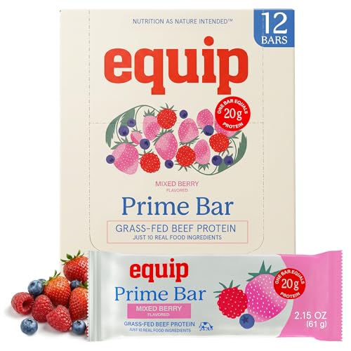 Equip Foods High Protein Prime Bars Grass Fed Beef Protein Collagen & Tallow Gut Friendly Gluten Free 20g Protein Bars - Only Real-Food Ingredients - On-the Go Snack - Mixed Berry 12 Count