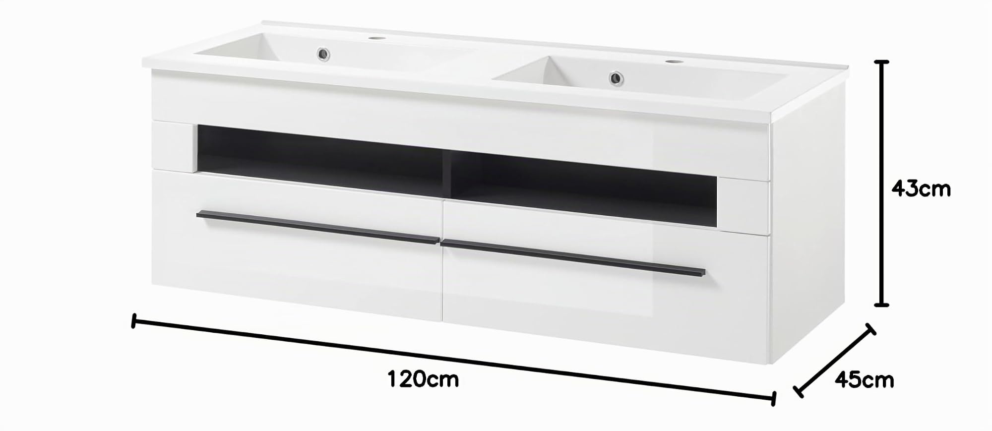 Doppelwaschtisch in weiß Hochglanz Waschtisch Set hängend MIT Doppel-Waschbecken 120 x 43 cm Design-D (Doppel-Unterschrank)