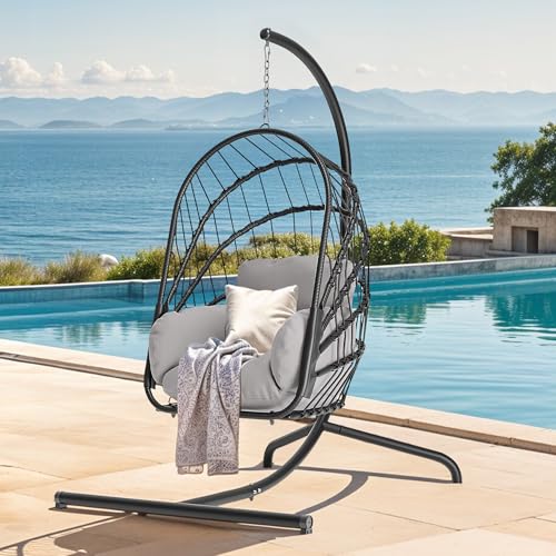 DWVO Wicker Hanging Egg Chair 350lbs Capacity - Foldable Hanging Hammock with Cushions & Stand, Indoor/Outdoor Patio Swing Chair for Bedroom, Garden, Balcony (Gray)