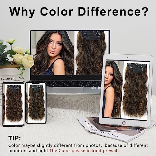 Alxnan Clip In Long Wavy Synthetic Hair Extension 20 Inch Balayage Dark Brown To Chestnut 4Pcs Thick Hairpieces Fiber Double Weft Hair For Women #TOP5