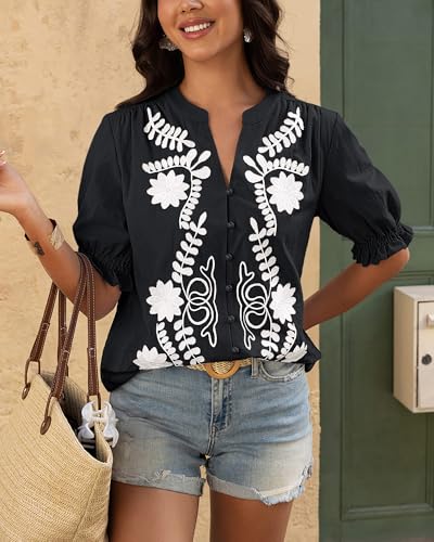 BTFBM Women's 2025 Summer Tops Casual Floral Boho V Neck Puff Short Sleeve Button Down Shirts Embroidered Blouses Tunic