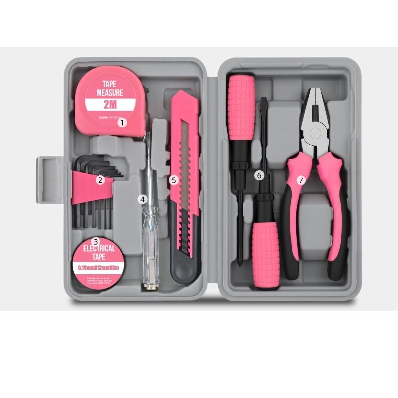 Kit de herramientas compacto para el hogar 13 piezas rosa miniatura 1