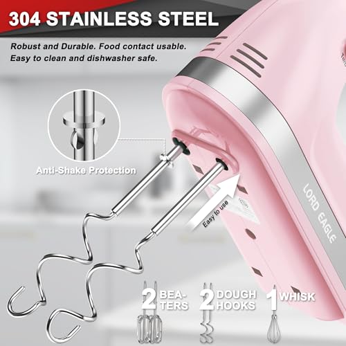 Image of Lord Eagle Hand Mixer Electric Handheld 400W, 5-Speed Lightweight Kitchen Mixer with Storage Case, 5 Stainless Steel Attachments for Baking Cake Egg Cream Food Beater, Turbo+Eject Button, Pink