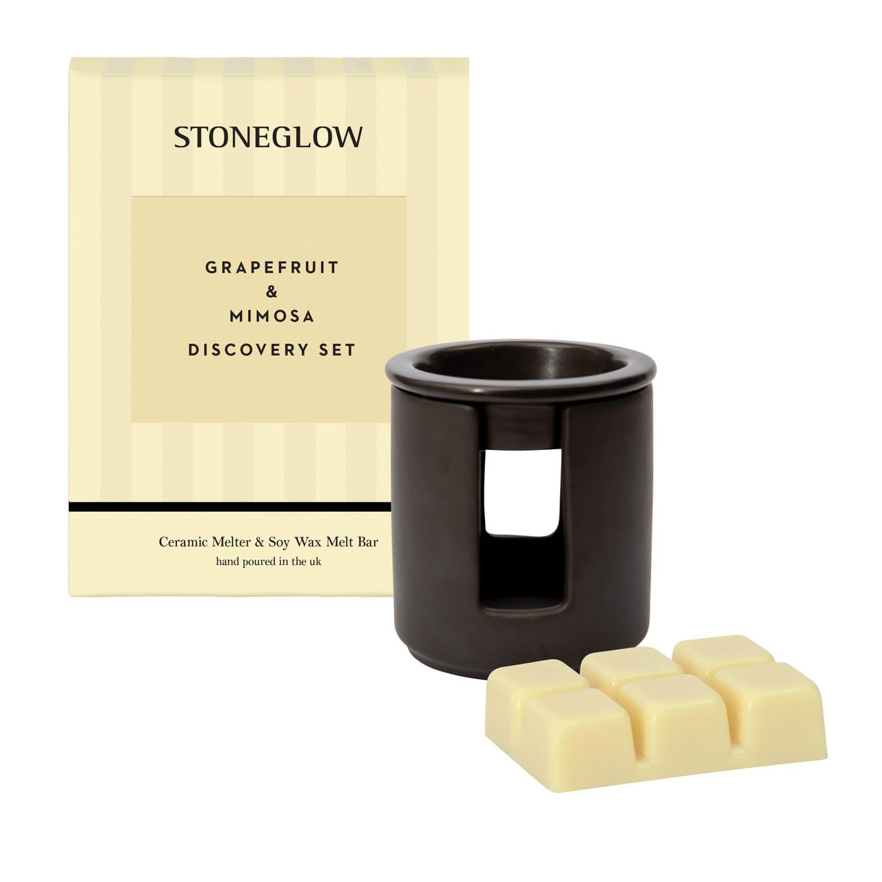 Stoneglow Black Modern Classics Collection - Grapefruit & Mimosa Ceramic Wax Melter & Soy Wax Melt Bar Discovery Set (Yellow)