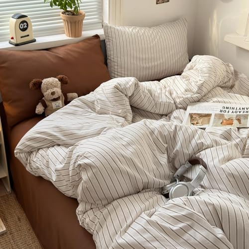Image of Striped Duvet Cover Full Size Brown Blue Stripes Bedding Set Tan Vintage Striped Geometric Duvet Cover Set Soft Lightweight Microfiber Quilt Cover with Zipper Closure and 2 Pillowcases