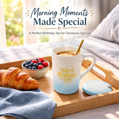 Image of ZAICUS Happy Birthday Coffee Mug with Lid, Ceramic Gift Cup for Men & Women | Suitable for Hot & Cold Beverages | Ideal Birthday Gift | Elegant White & Blue Gradient Finish