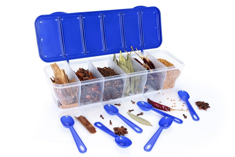 KITNET Multipurpose Plastic 6 in 1 Masala Box for Kitchen, Spice Boxes for Kitchen,6 Compartment Storage Containers Grocery,Cereal,Dry Fruits Dabba 1800 Ml with 6 Spoons (BLUE)-picture-41