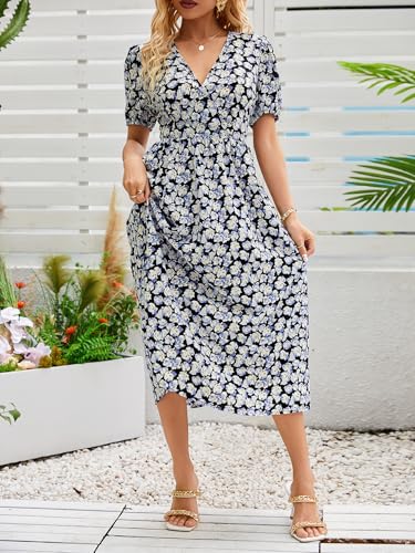 Image of Women's Elegant Floral Dress Coll. (All-Seasons) - Sleeveless /Short /Midi, V-Neck Ruffle, Fashion Casual Party Dresses