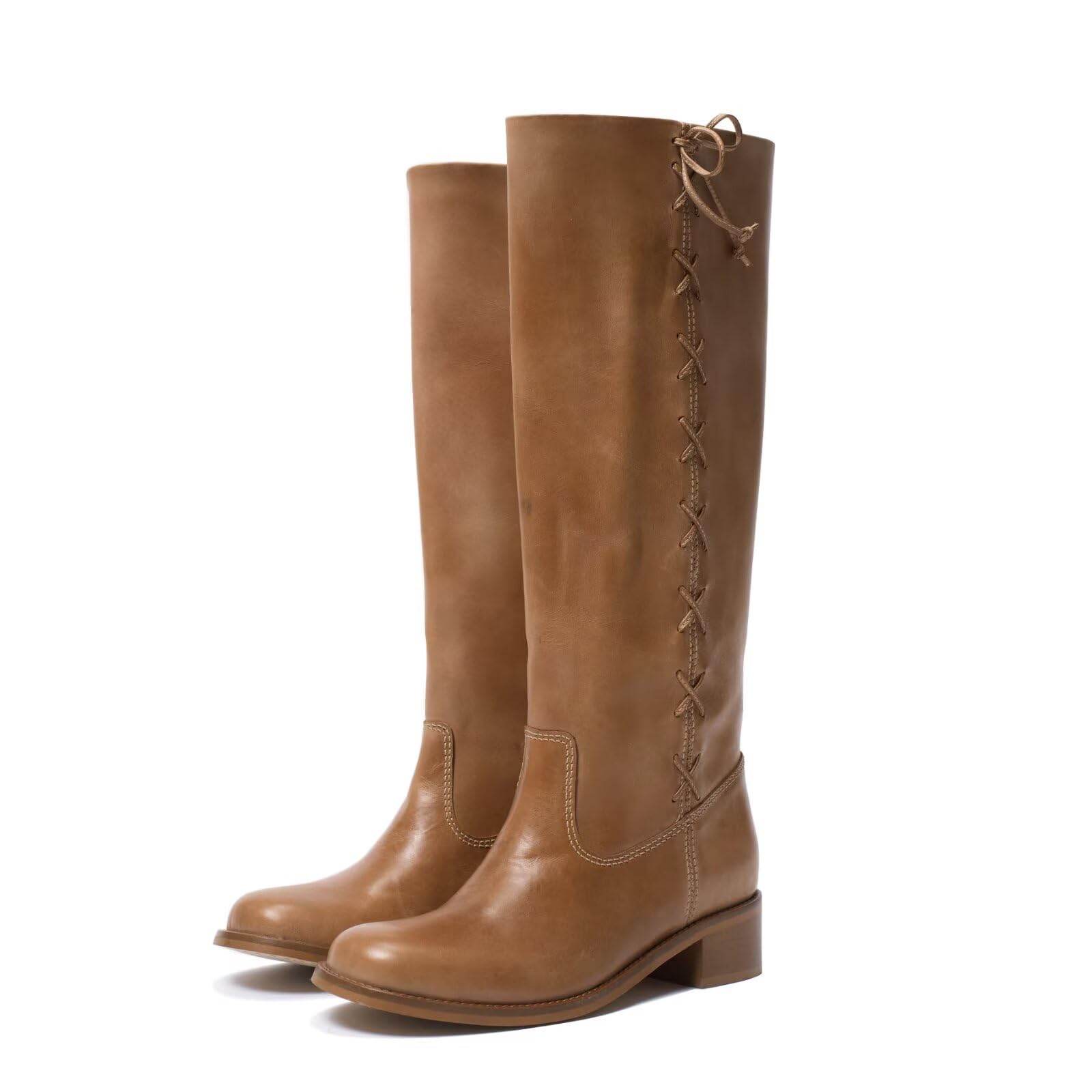 Agodor Campus Knee High Boots for Women Side-Lace Vintage Banane Long Riding Boots with Bow Round Toe Chunky