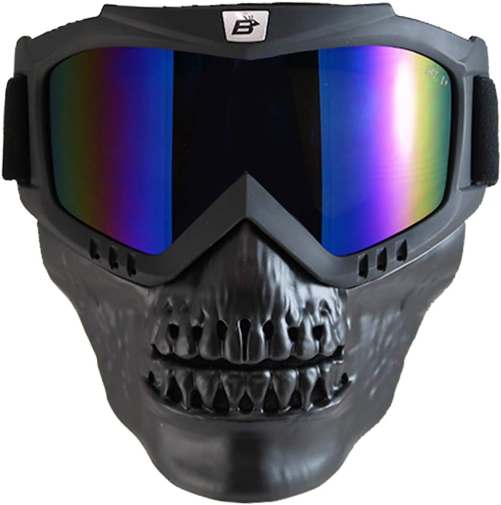Birdz Skullbird Black Padded ATV Motorcycle Riding Goggle with Face Mask (Blue Mirror)