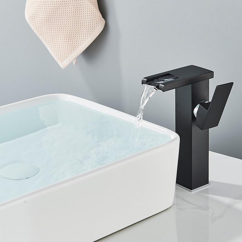 Grifo de lavabo de lujo negro mate de caño alto con iluminación LED para baño exclusivo
