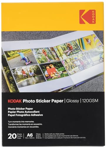 KODAK Photo Sticker Paper   Pack de 20 hojas de papel fotográfico autoadhesivo, TAMAÑO A6 (105 X 148mm) acabado brillante, 120 gsm, compatible con impresoras de inyección de tinta, color blanco