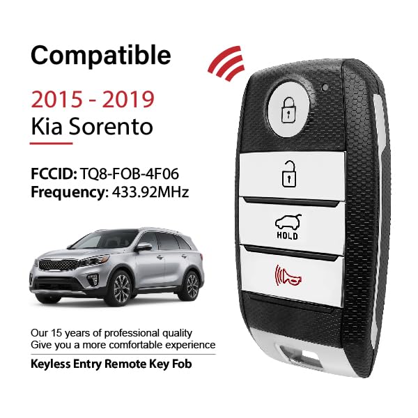 Replacement Key Fob Remote For 2016-2020 Kia Sorento - Black, 433 MHz, Lock/Unlock/Trunk