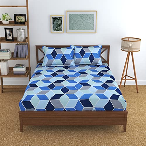 Image of KAWI Cotton Feel 200TC Double Bedsheet Queen Size 78x60 Inches with Elastic Fitting with 2 Pillow Covers (Provide fits up to 8 Inch Mattress) - Multi Colour
