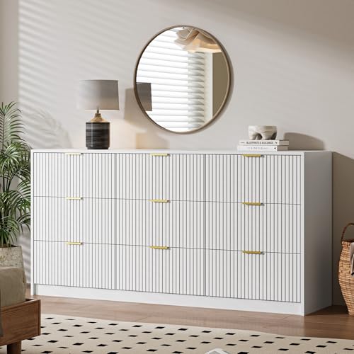 Image of MAISONARIA White 9 Drawer Dresser for Bedroom, 63 inch Wide Modern Fluted Dresser with Gold Metal Handles, Chest of Drawers for Bedroom, Living Room, Entryway, Hallway