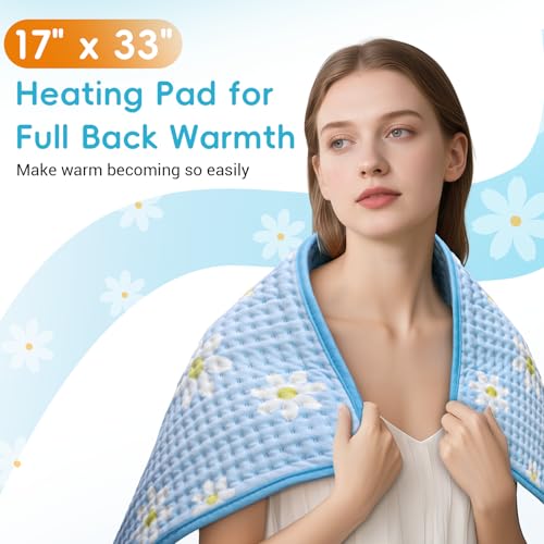 Image of Comfytemp Extra Large Heating Pad for Back & Period, 33''x 17'' King Size Heat Pad Soft and Stylish, FSA Eligible, HSA Approve Electric XL Shoulder /Neck /Knee Heated Pad, Washable (Blue & Daisy Print)