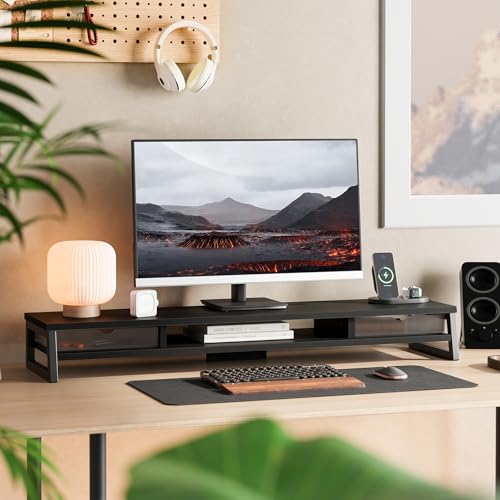 Image of Fenge Dual Monitor Stand, Monitor Riser with Drawer, 42.5 Inch Large Computer Monitor Stand for 2 Monitors, 2 Tier Wooden Desk Shelf for Top of Desk