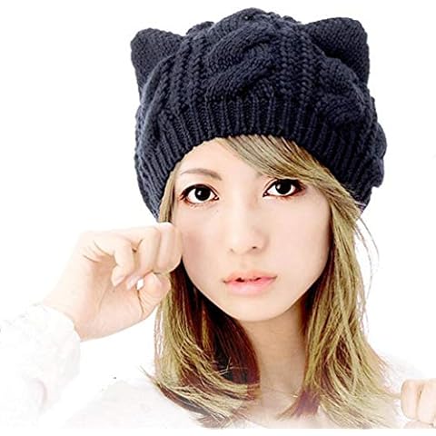 umbresen Cute Woollike Knitted CAT Kitty Ears Women Lady Girl Headgear Crochet Christmas Hats Black Cover